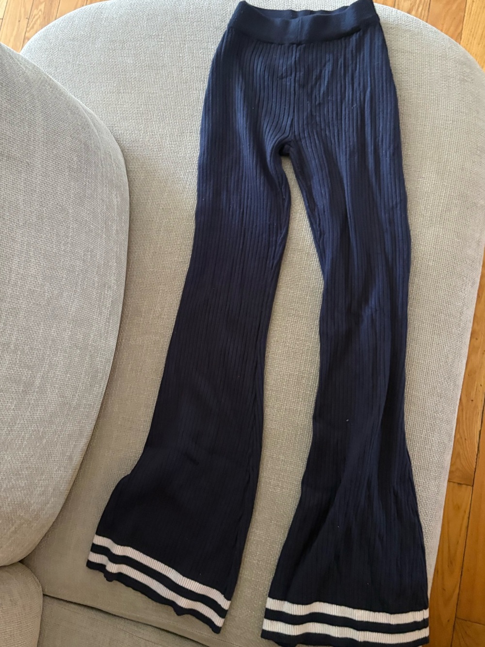 Edikted Navy Ribbed Flared Leggings with White Stripe